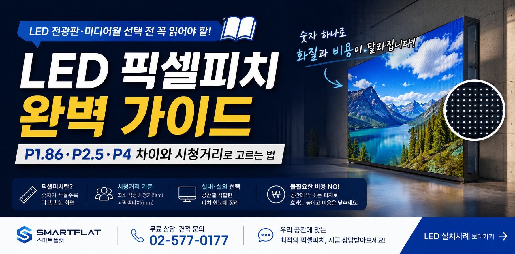 LED 픽셀피치 완벽 가이드 — P1.86·P2.5·P4 차이와 시청거리로 고르는 법
