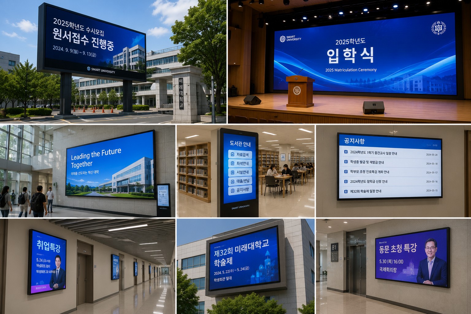 대학교 캠퍼스 LED 전광판·디지털사이니지 가이드 — 정문·대강당·도서관까지 공간별 구축법