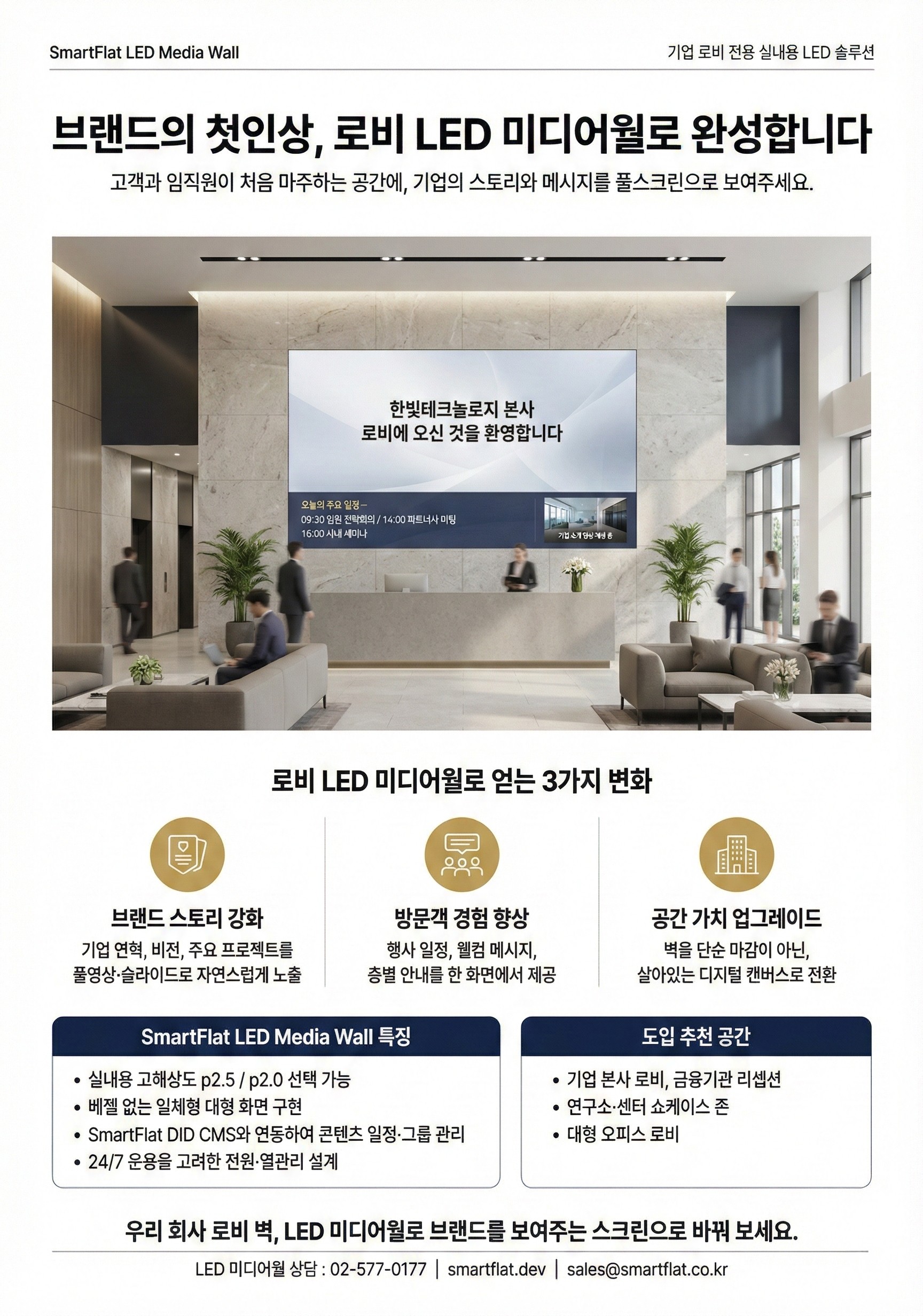 로비 인테리어, 이제는 조형물보다 디지털 브랜딩이 중요. LED 미디어월의 필요성.