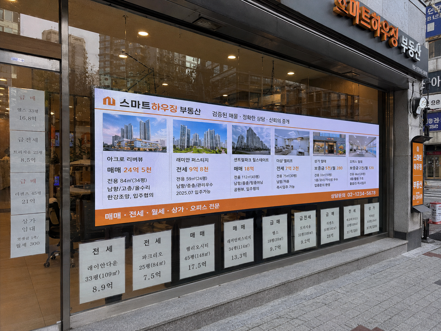 부동산 매물광고 사이니지, 창문 안쪽에서 길을 향해 - 윈도우 페이싱 화면과 원격 매물 관리